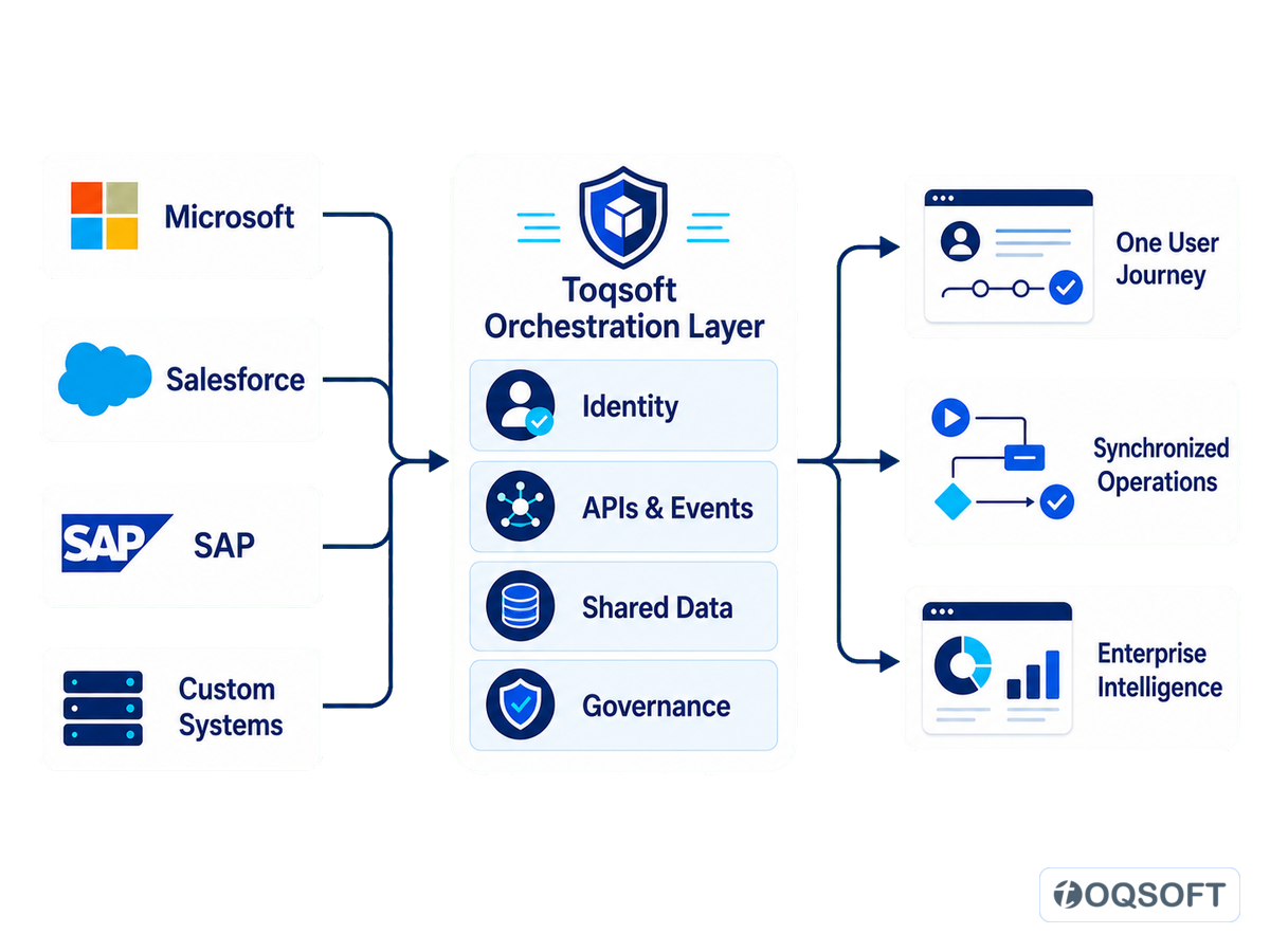 Toqsoft orchestration layer connecting enterprise platforms into one user journey, synchronized operations and intelligence