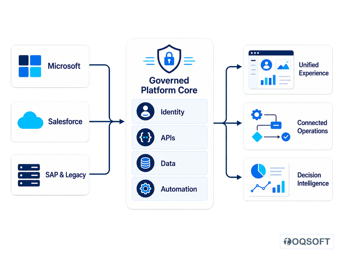 Enterprise platforms connected through a governed core to unified experiences, operations and decision intelligence