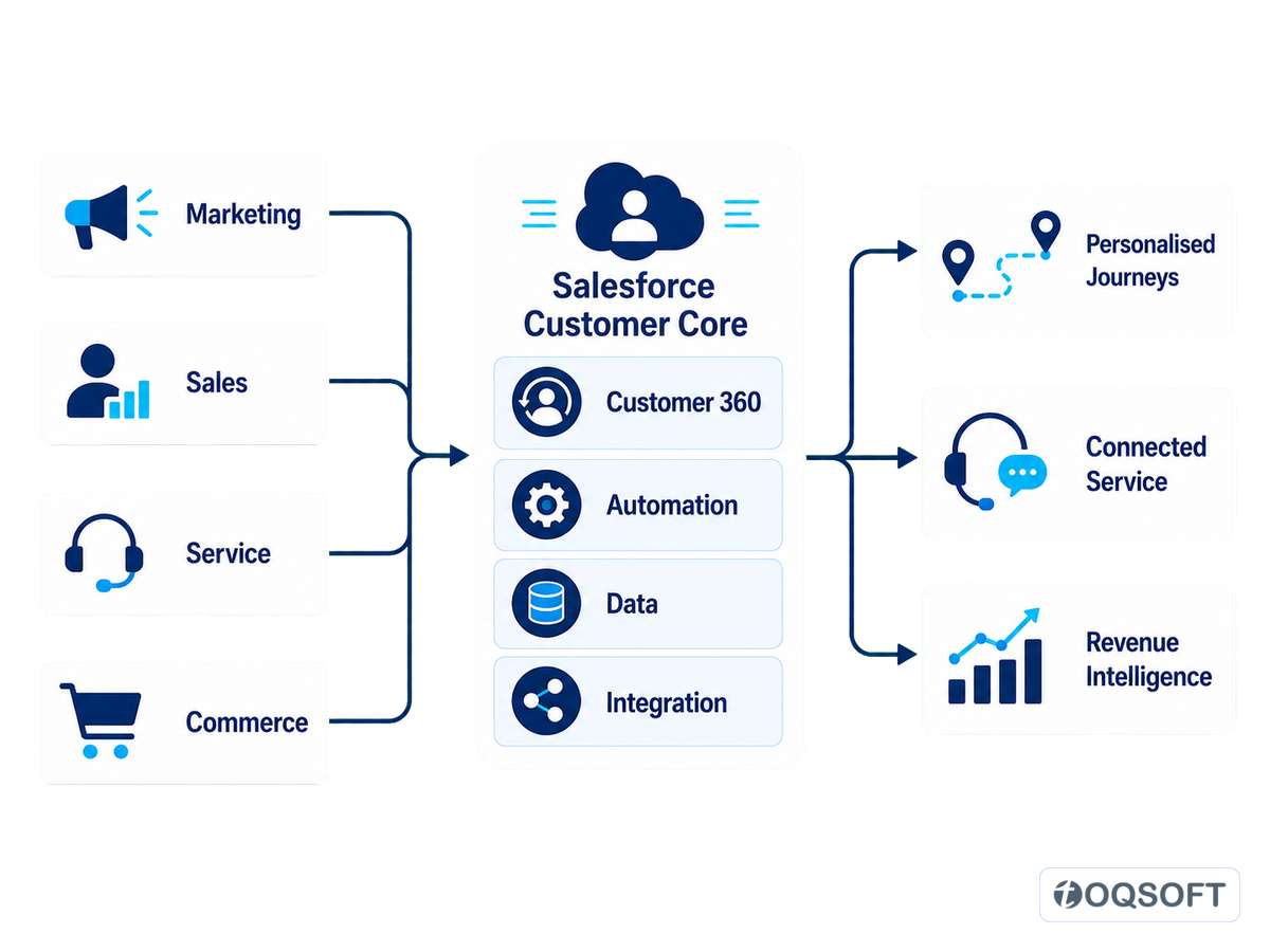 Salesforce coordinating marketing, sales, service and commerce into connected customer outcomes
